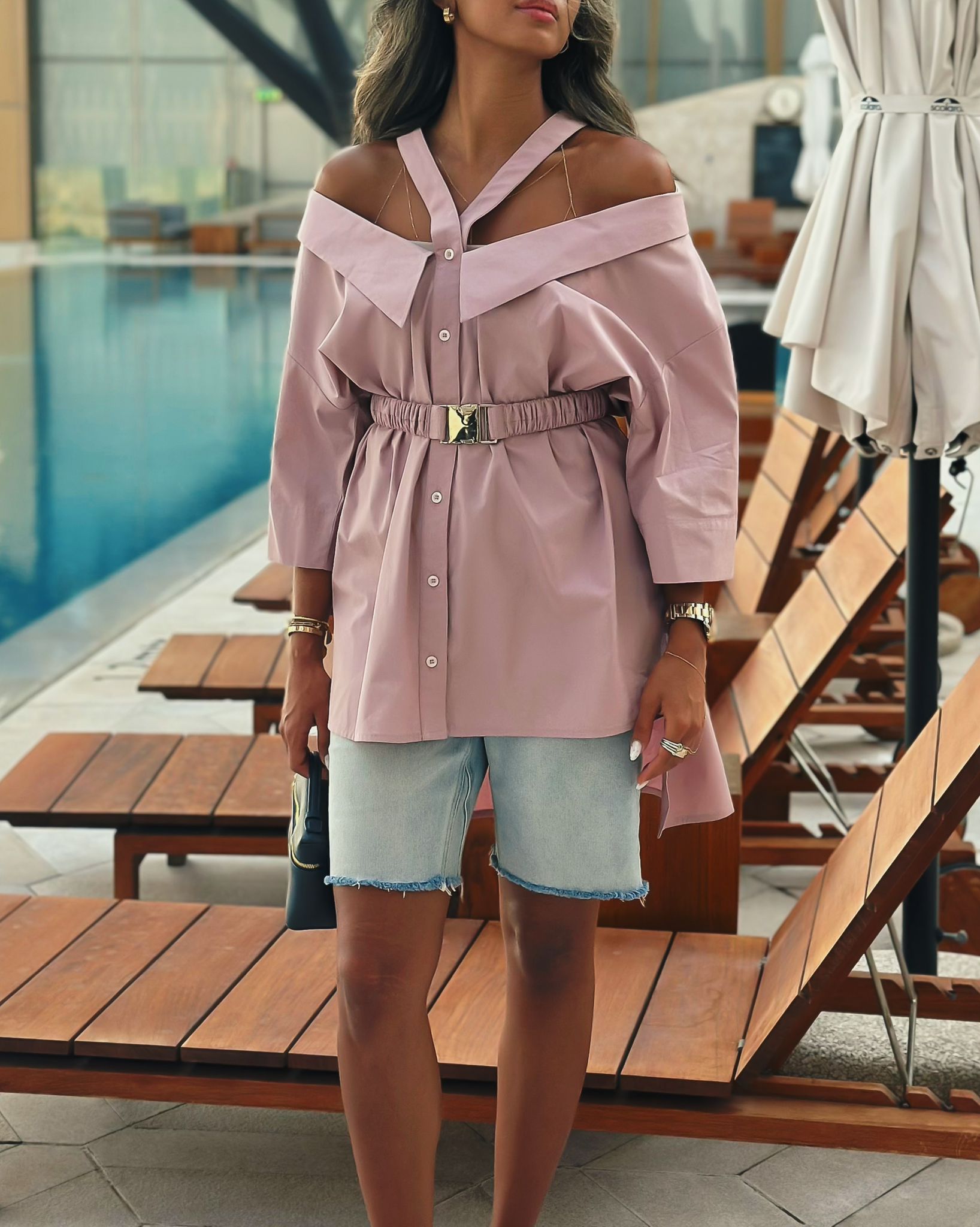 MATE by CODE8- Malaga Shirt Off-Shoulder Belted Shirt