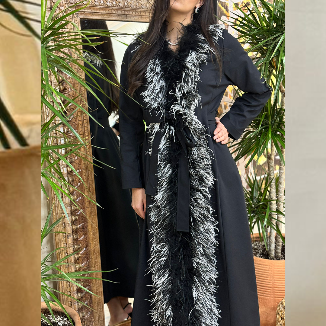 Belted Long Jacket W/Trim Feather