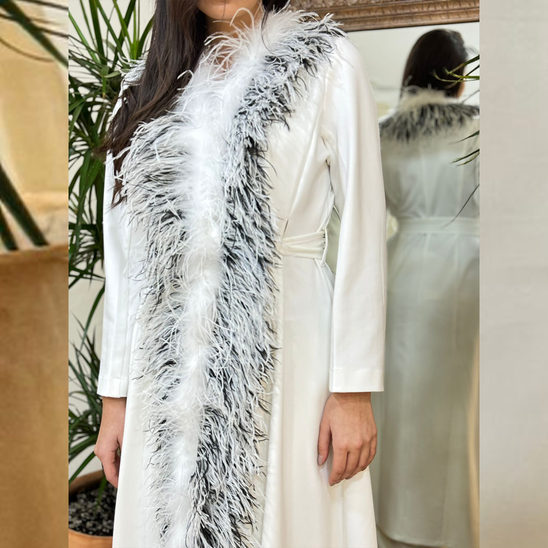 Belted Long Jacket W/Trim Feather