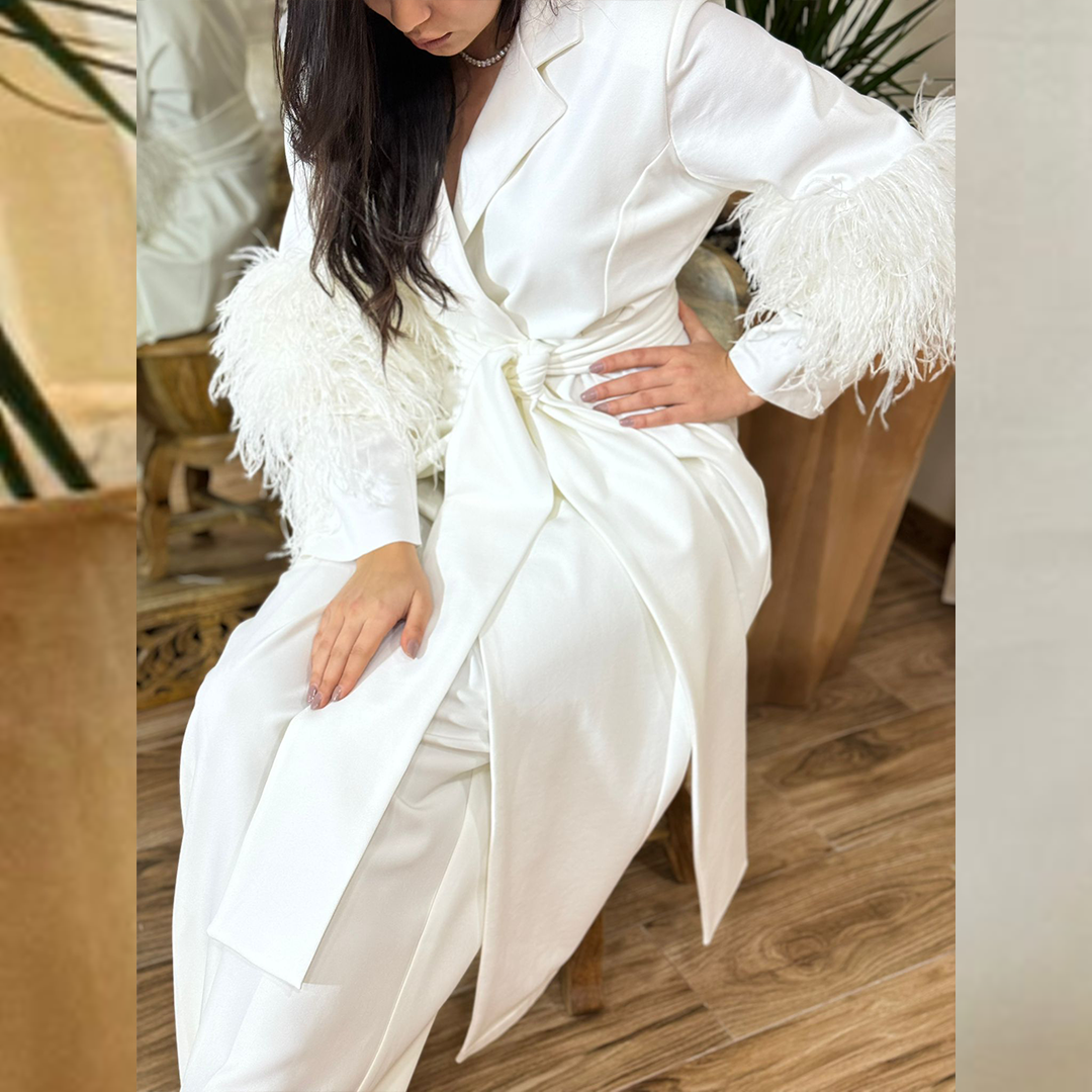 Feather Trim Sleeve Long Jacket