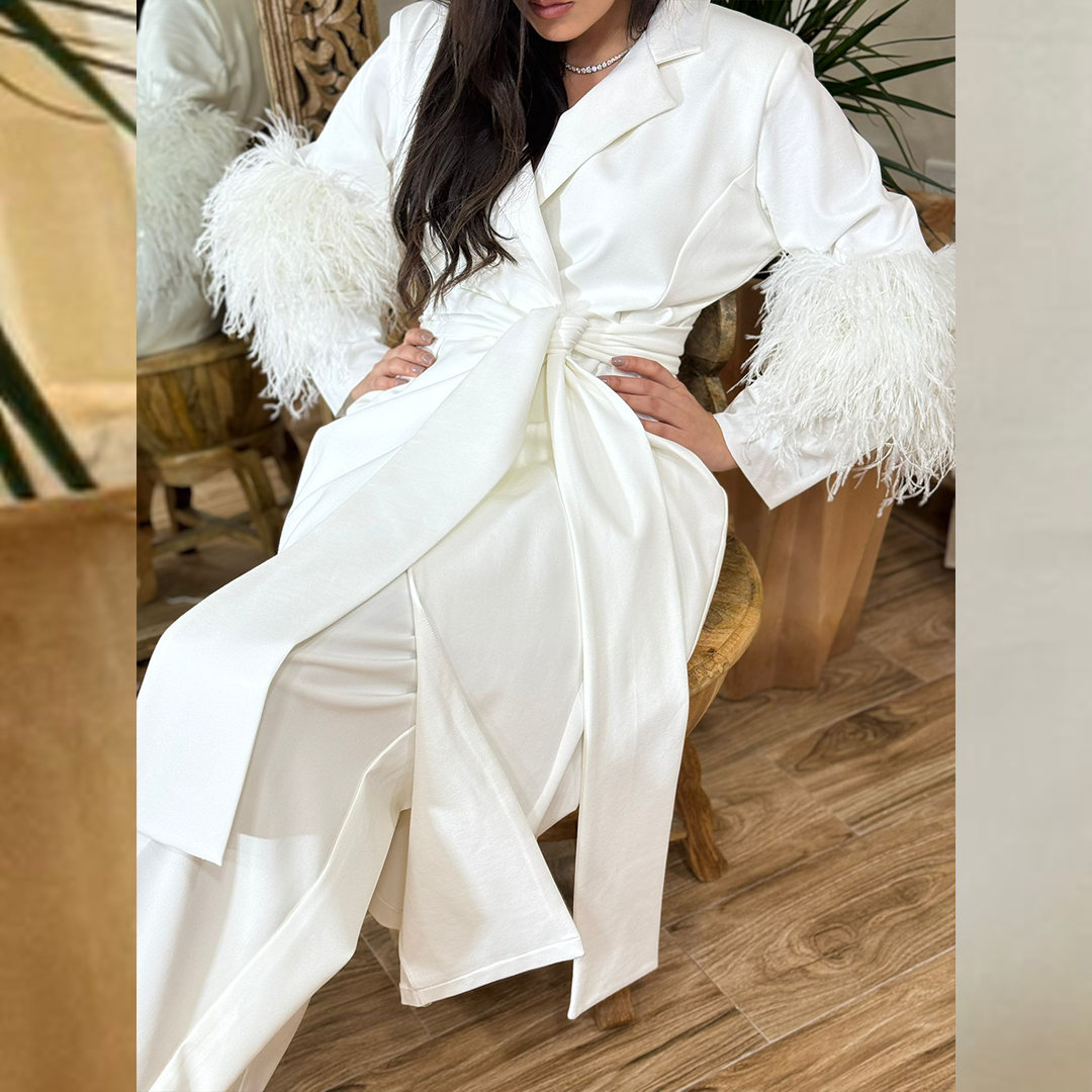 Feather Trim Sleeve Long Jacket