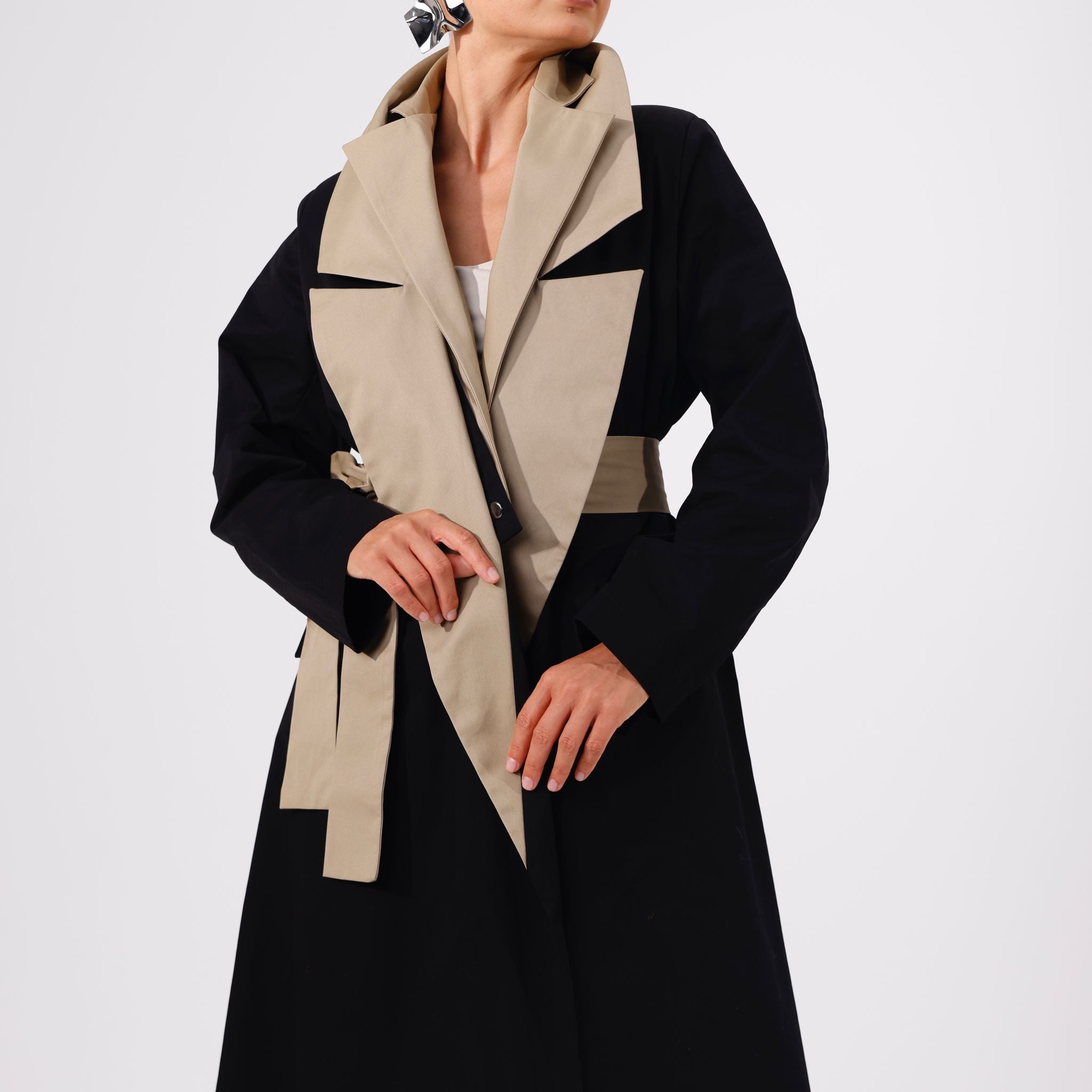 Belted 2tone Long Jacket