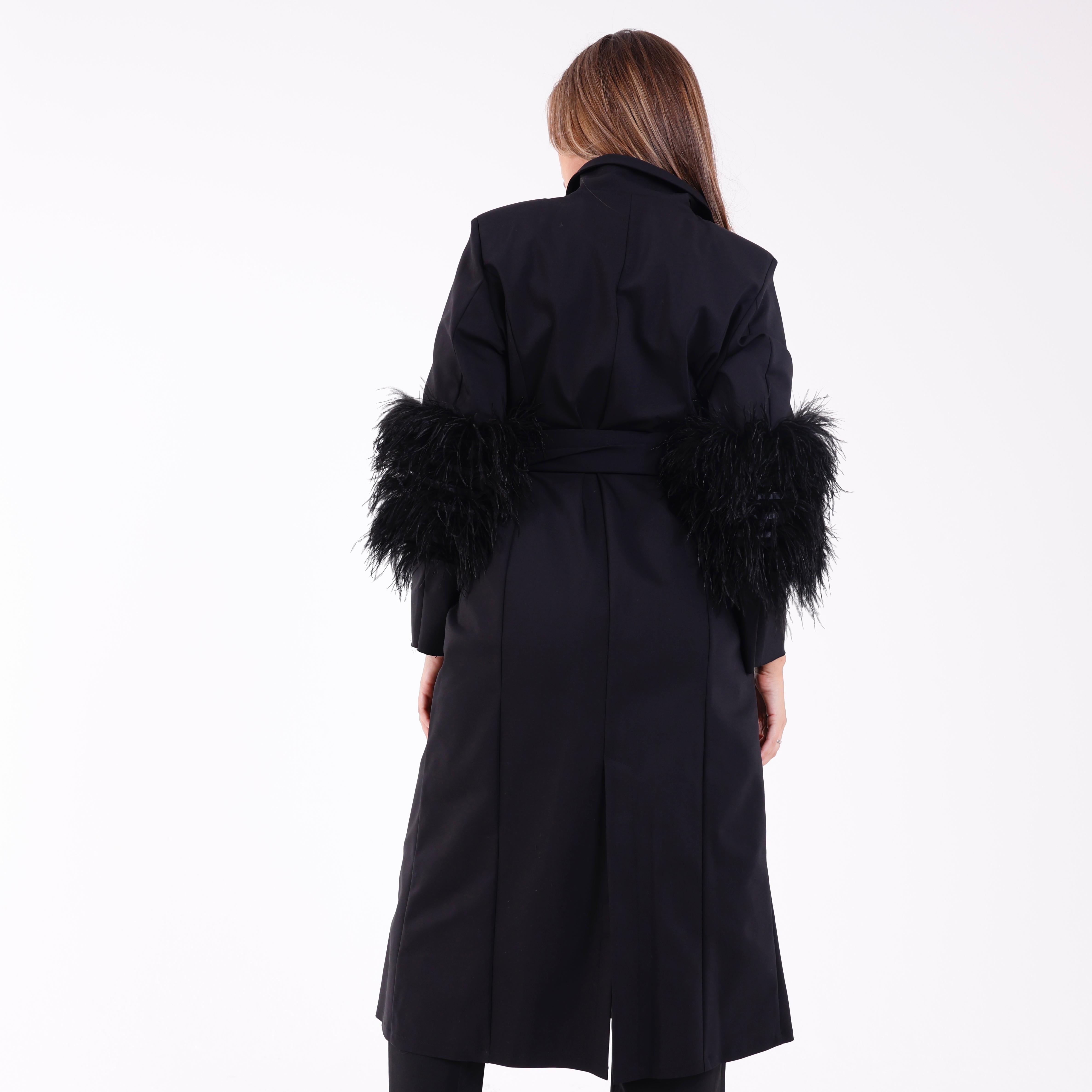 Detailed Long Jacket With Feather