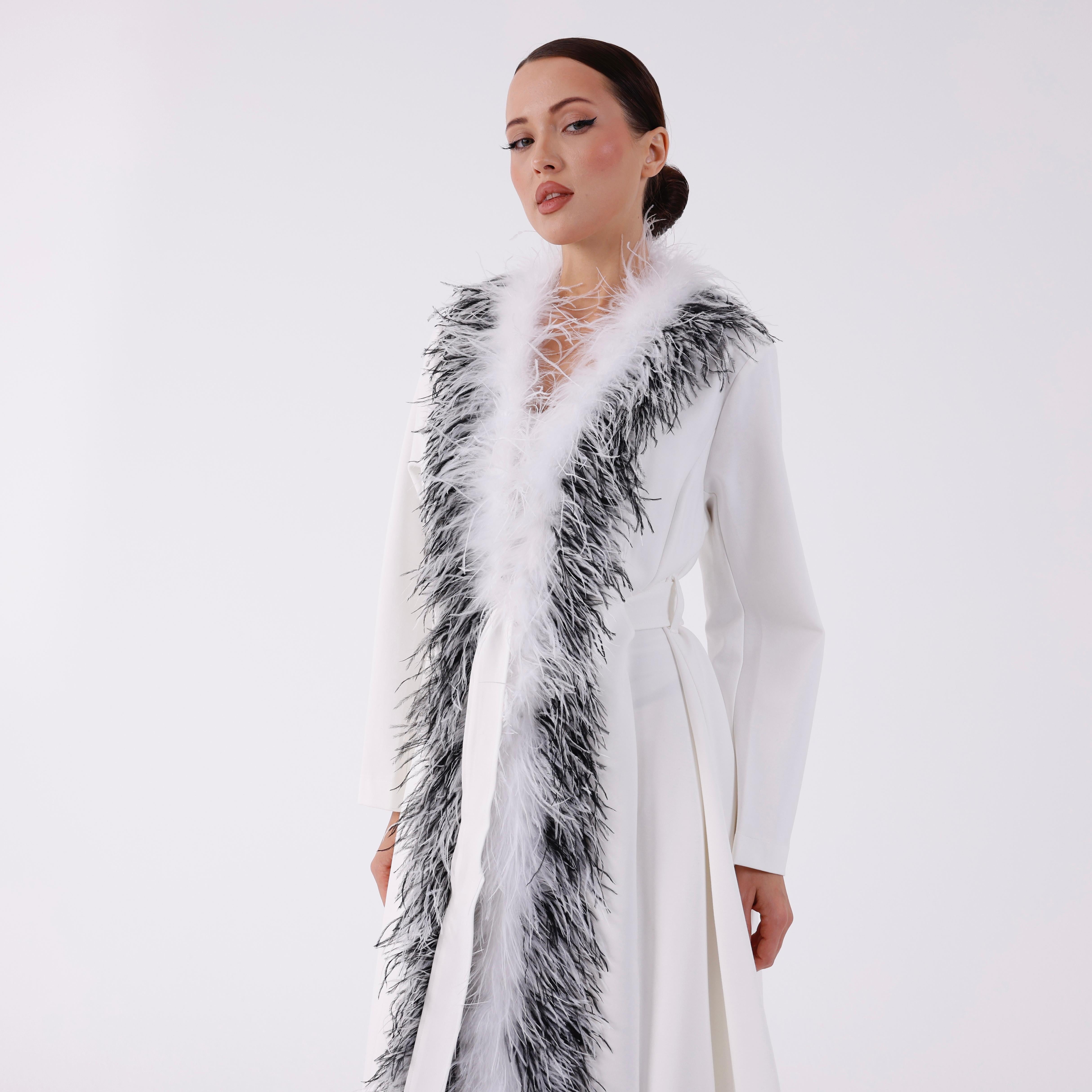 Detailed Long Jacket With Feather