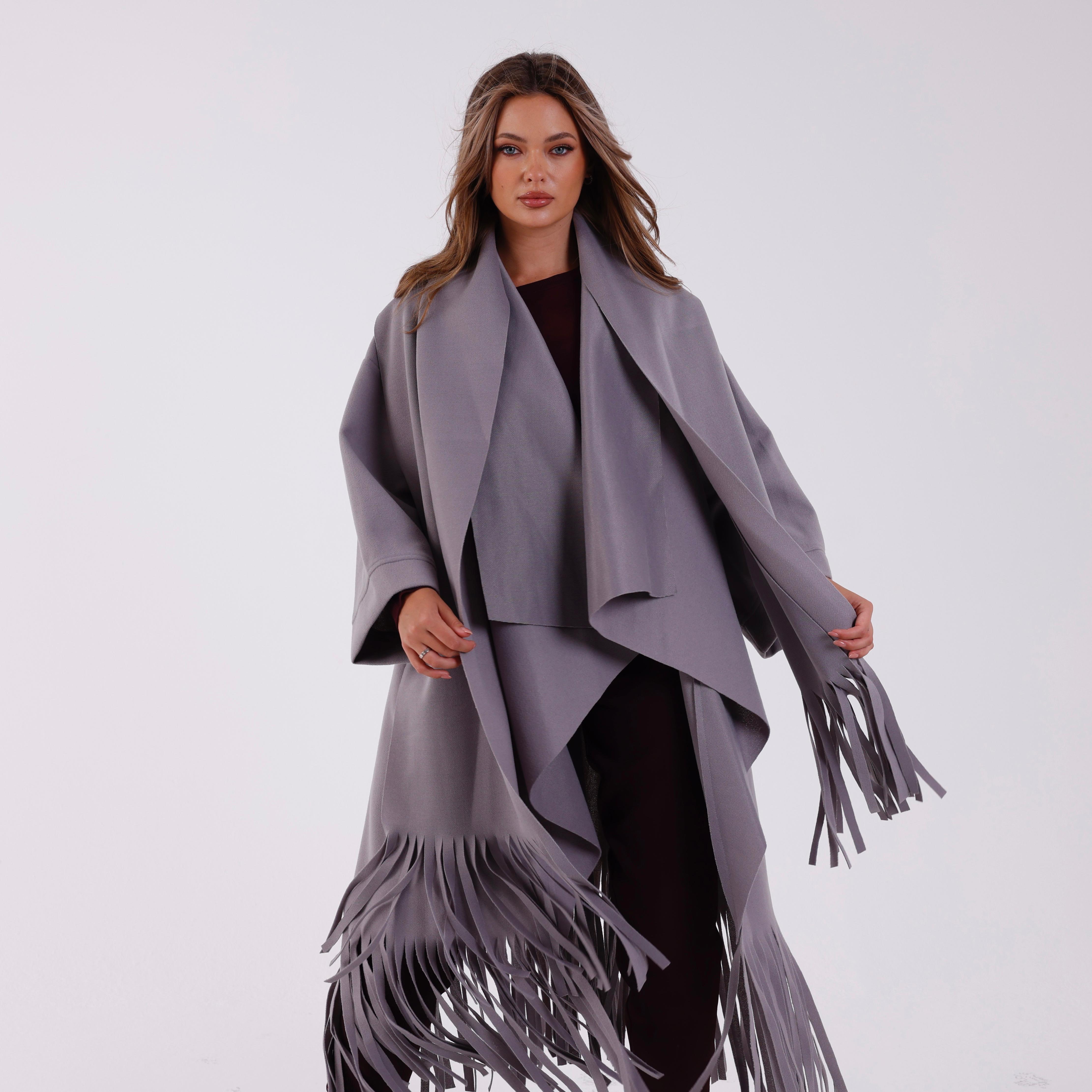 Detail Fringed Coat W/Scarf