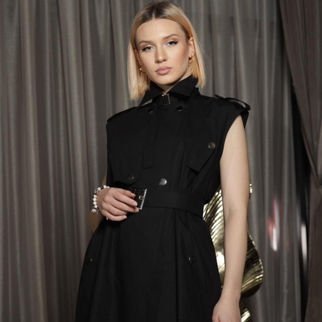 Sleeveless Belted Trench Coat (Black)